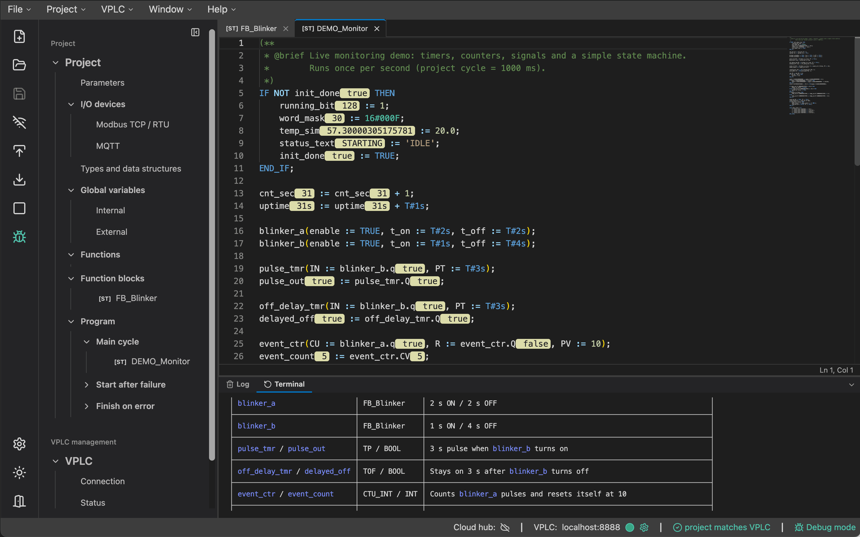 VPLC Studio Debug mode with live values shown inline