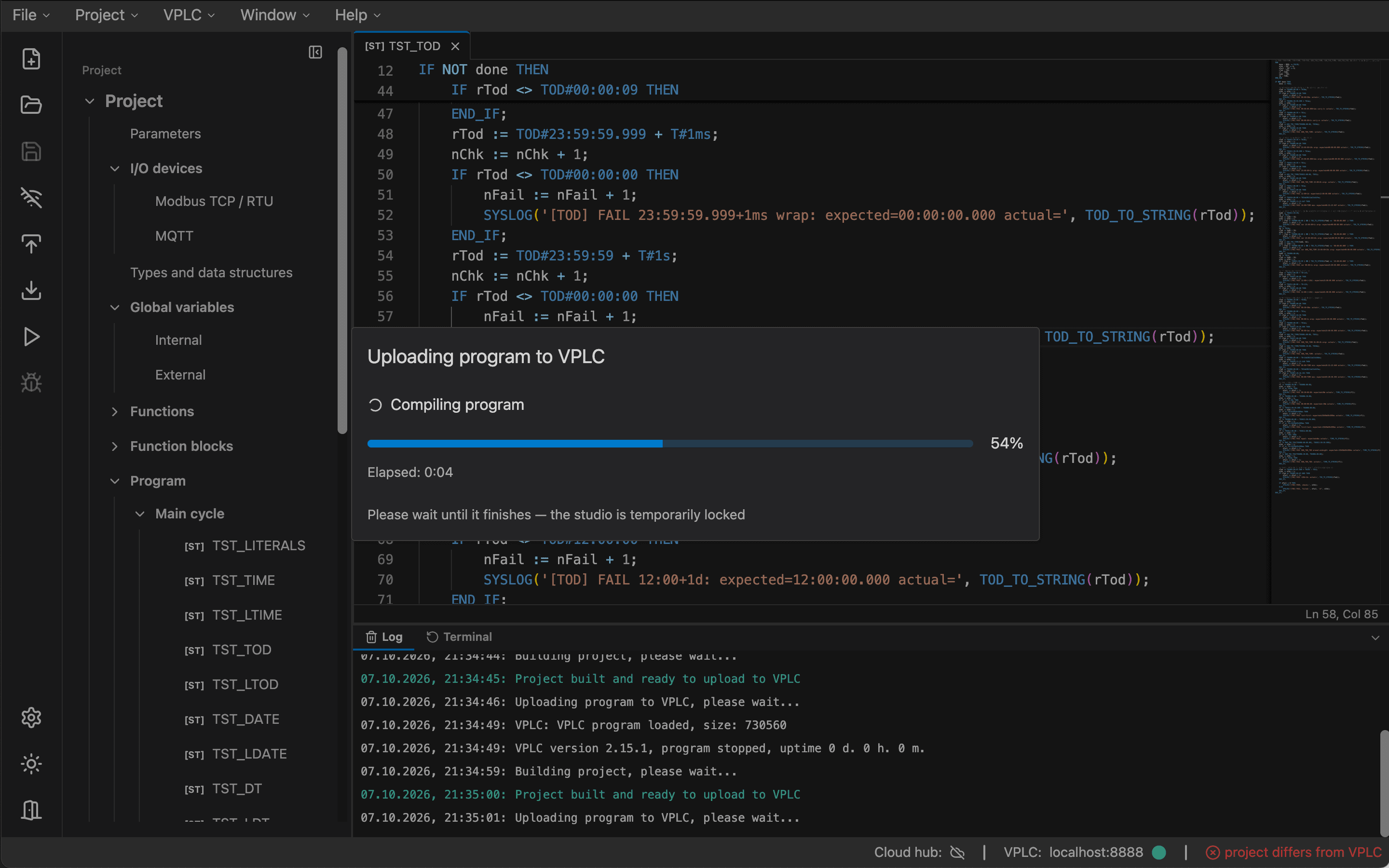 VPLC Studio upload dialog with build progress