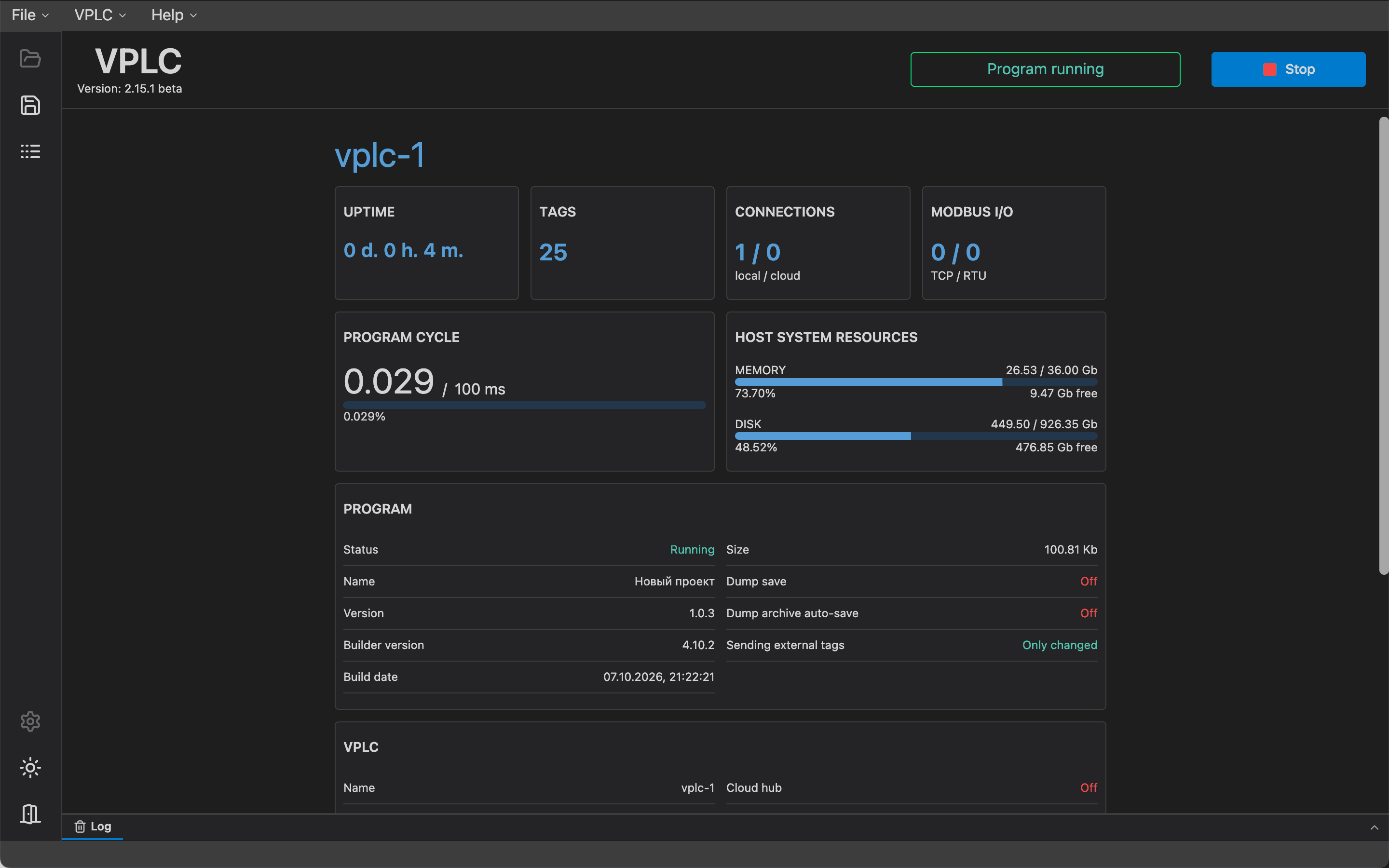 VPLC desktop app showing runtime status, cycle time and connected Modbus devices